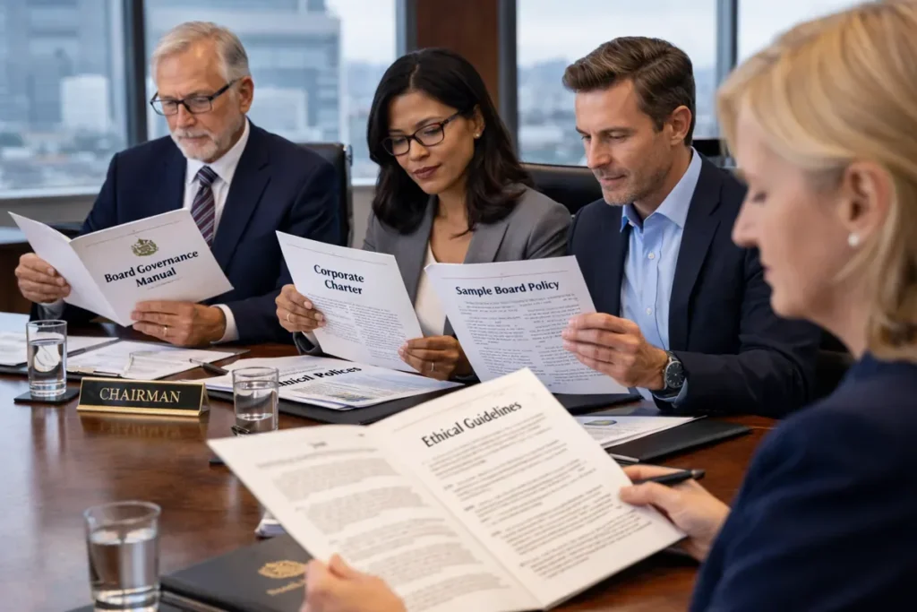 Corporate governance discussion with board members reviewing policy documents and meeting notes.