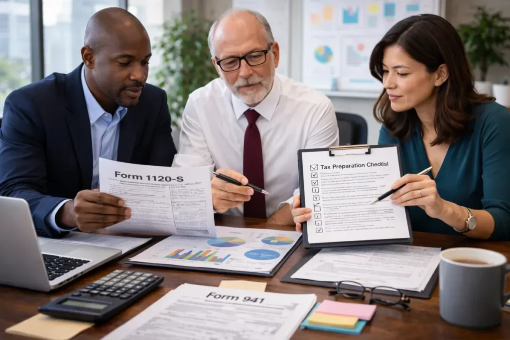 Corporate tax advisor reviewing business tax forms and financial planning documents for compliance.