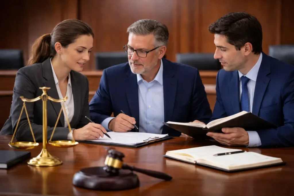 Business litigation strategy meeting with lawyer and clients reviewing case documents and legal options.