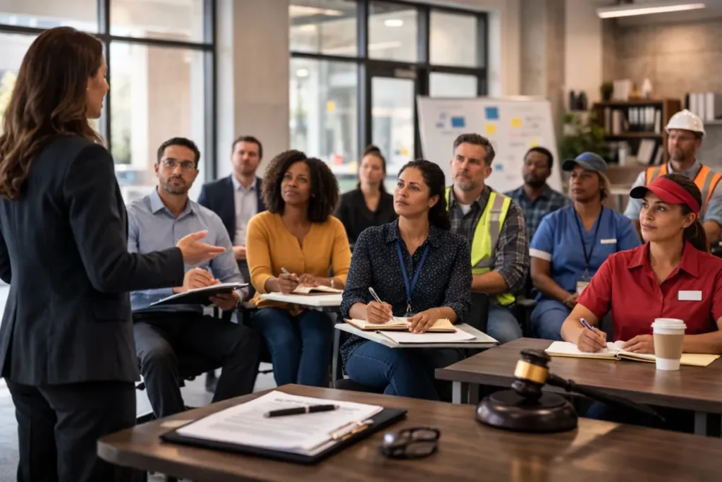 Manager leading workplace training meeting with employees discussing company policies.